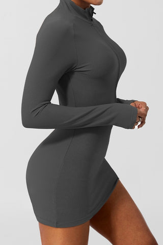 Ribbed Half Zip Long Sleeve Mini Dress