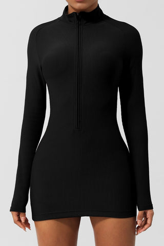 Ribbed Half Zip Long Sleeve Mini Dress