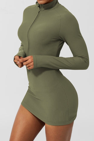 Ribbed Half Zip Long Sleeve Mini Dress