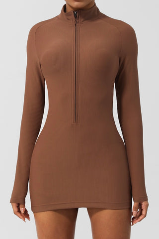 Ribbed Half Zip Long Sleeve Mini Dress