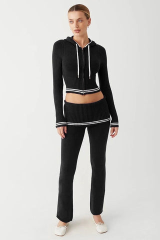 Knit Zip Up Crop Hoodie & Foldover Pant Two Piece Set