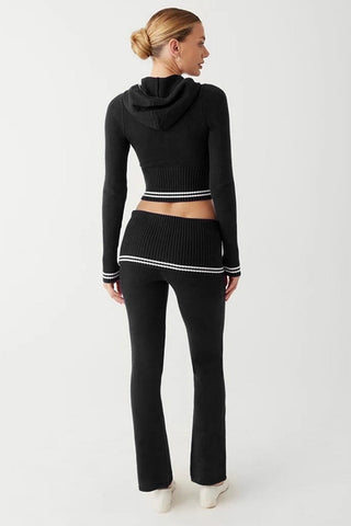 Knit Zip Up Crop Hoodie & Foldover Pant Two Piece Set