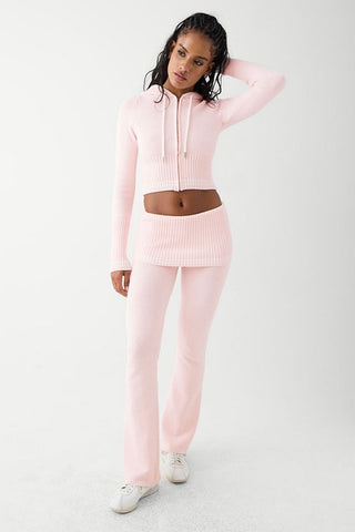 Knit Zip Up Crop Hoodie & Foldover Pant Two Piece Set