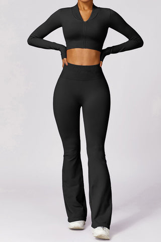 Zip Up Crop Top & Flared Hem Bottom Two Piece Set